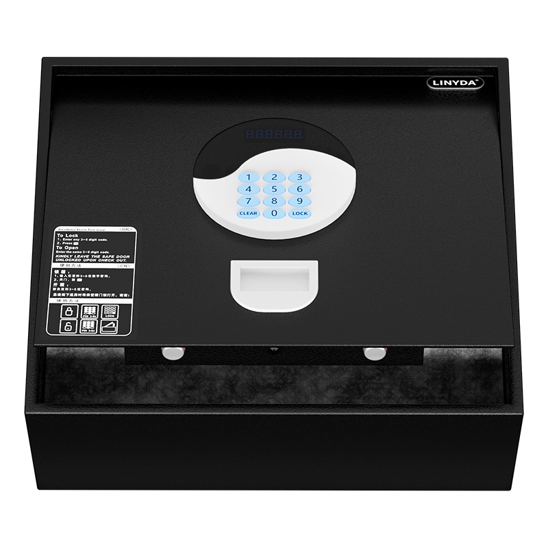 Open Top 15 Inch Stainless Steel Hotel Room Safe with Key Lock Hydraulic Rod Laptop Compartment Door Locking Function